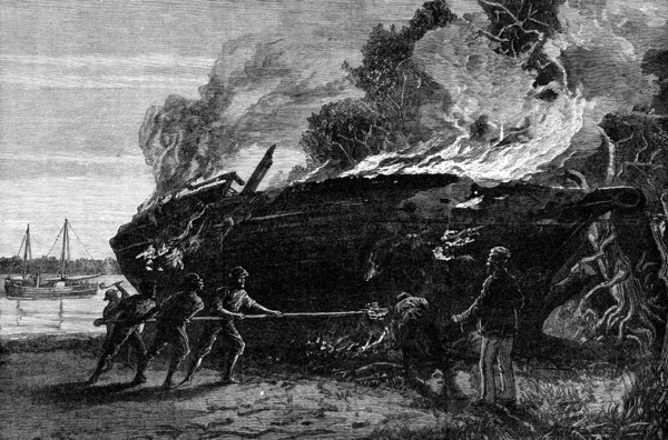 Burning a condemned slave dhow at Funzi, Pemba Island, 1881. Creator: Unknown.