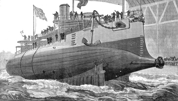 Launch of H.M.S. Polyphemus, new torpedo ram, at Chatham Dockyard, 1881. Creator: Unknown.