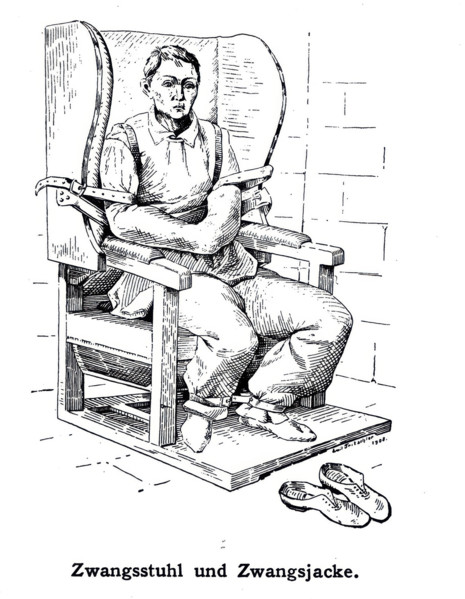 A mental ill patient in a straight jacket and strapped into a chair, 1908. Creator: Unknown.