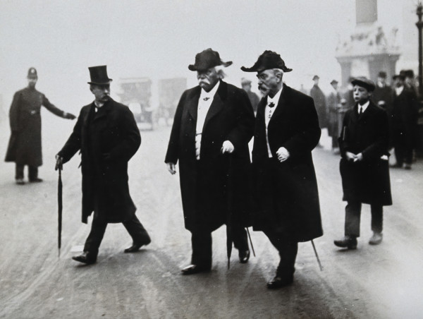Jean Baptiste Auguste Chauveau and Gabriel Lippmann at the funeral of Joseph Lister, 1912. Creator: Topical Press Agency.