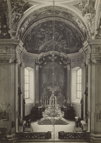 Parish Church of the Corpus Christi - presbytery with main altar retable, Nyasvizh, around 1930. Creator: Boleslaw Tauroginski.