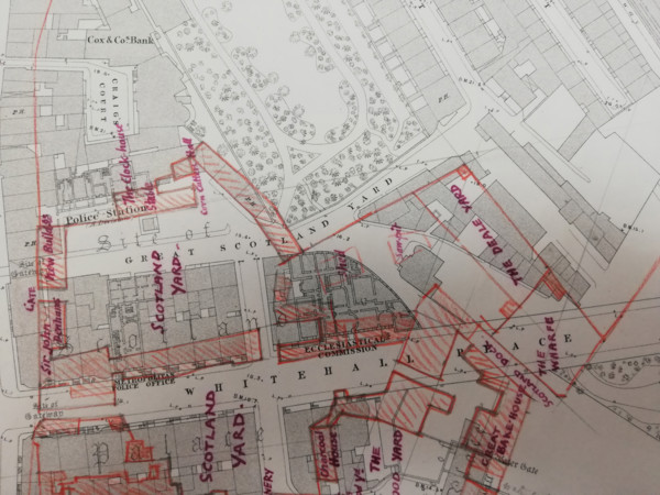 Plan of buildings in Whitehall, Westminster, London, 1874.  Creator: Tom Higgs.