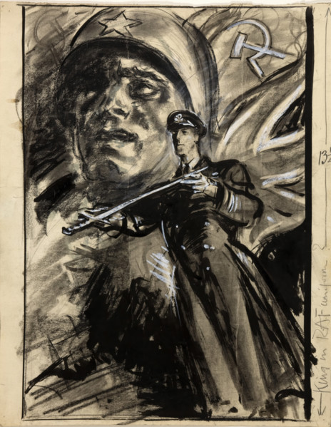 Officer presenting sword; head of Russian soldier with Red Flag and Union Jack, between 1939 & 1946. Creators: Central Office of Information, Unknown.