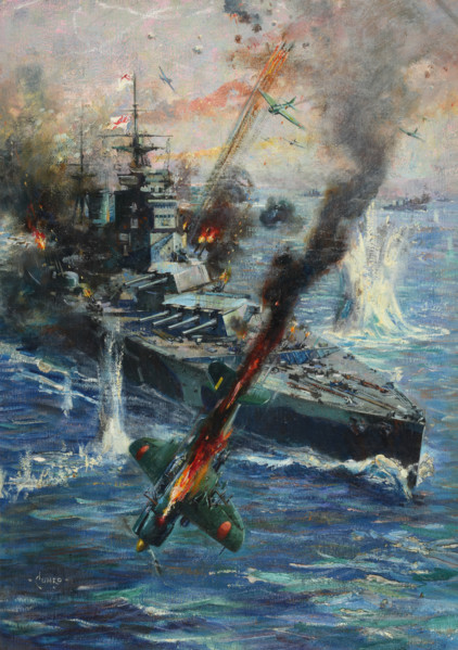 Aircraft attack British battleship, between 1941 and 1946. Creators: Central Office of Information, Terence Tenison Cuneo.
