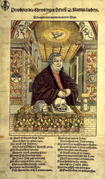 Coloured woodcut portrait of Martin Luther with verses in German, c1546.  Creator: Unknown.