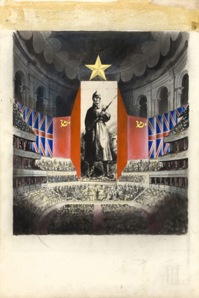 Concert hall [Albert Hall?] and orchestra against picture of Russian infantryman, (c1943?). Creators: Central Office of Information, Unknown.