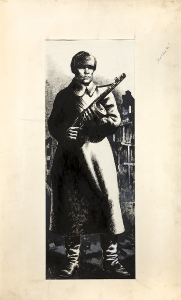 Russian infantryman, standing amidst ruins of town, between 1939 and 1946. Creators: Central Office of Information, Unknown.