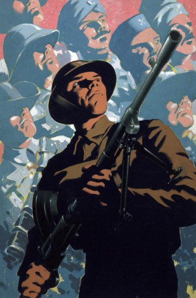 British soldier with bren gun, allied servicemen in background, between 1939 and 1946. Creators: Unknown, Central Office of Information.