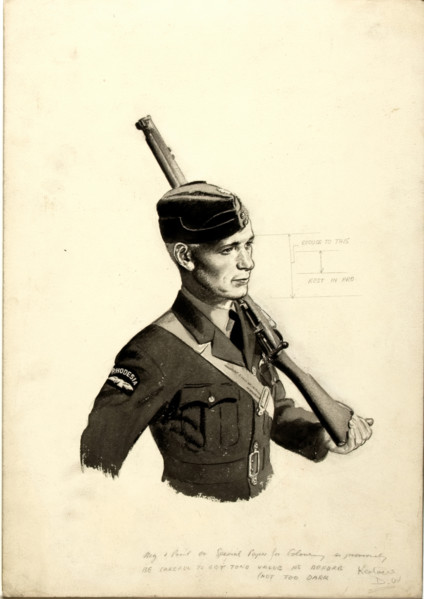 Unity of Strength Rhodesian airman with rifle WWII poster, between 1939 and 1946.  Creators: William Little, Central Office of Information.
