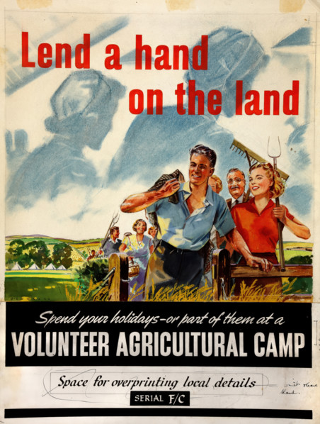 'Lend a hand on the land. Spend your holidays - or part of..., WWII poster, between 1939 and 1946. Creators: Central Office of Information, Michael O'Connell.