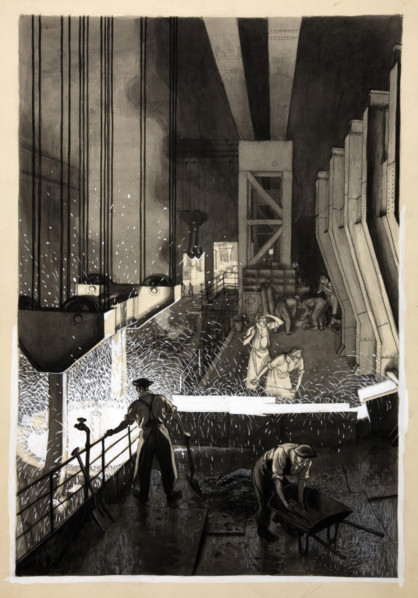 Foundry scene (men supervising pouring of molten metal), between 1939 and 1946. Creators: Unknown, Central Office of Information.