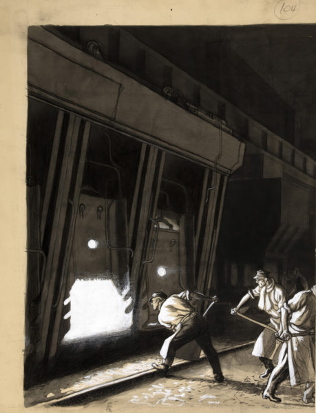 Foundry scene (men stoking smelting furnace), between 1939 and 1946. Creators: Unknown, Central Office of Information.