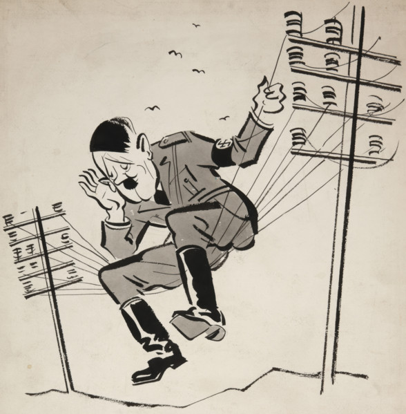 'You never know who's on the wires! Be careful what you say', WWII poster, between 1939 and 1946. Creator: Central Office of Information.