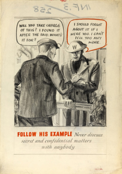 'Follow his example. Never discuss secret and confidential..., WWII poster, between 1939 and 1946. Creators: Central Office of Information, Unknown.
