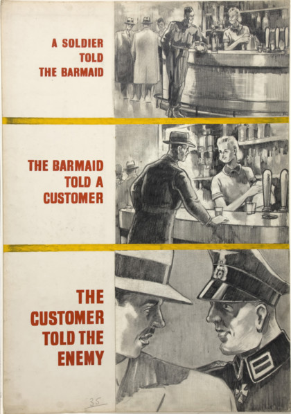 'A soldier told the barmaid, the barmaid told a customer...WWII poster, between 1939 and 1946. Creators: Central Office of Information, Unknown.