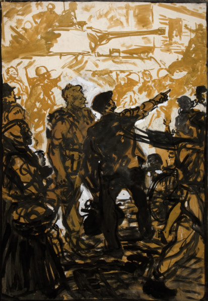 Unity of Strength WWII poster: Troops and tank moving through crowded..., between 1939 and 1946. Creators: Central Office of Information, Unknown.