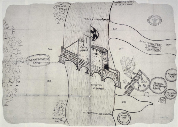 Plan depicting the siege by Sir John Perot, Lord President of Munster, County Kerry Castlemaine,1572 Creator: Unknown.