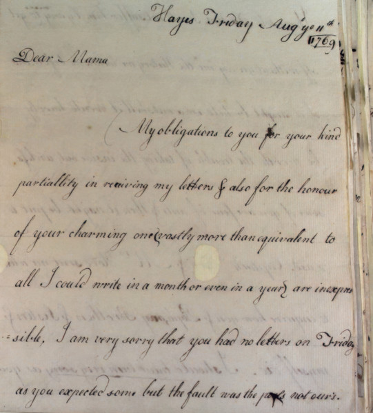 Letter from William Pitt, 1769. Creator: William Pitt the Younger.