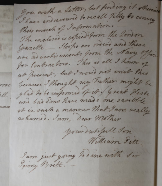 Letter from William Pitt,  between 1766 and 1770. Creator: William Pitt the Younger.