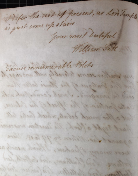Letter from William Pitt, 1770s. Creator: William Pitt the Younger.