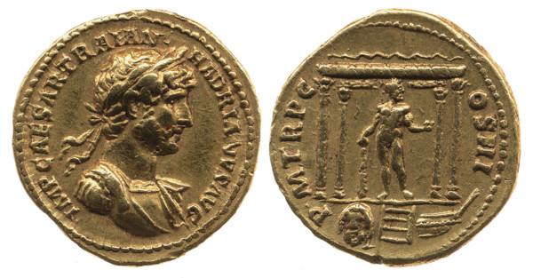 Aureus of Hadrian. Obverse: Laurel head of Hadrian on the right. Reverse: Statue of Hercules, 119... Creator: Numismatic, Ancient Coins  .