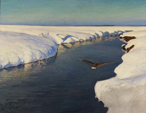 Winter landscape with river and bird, 1913. Creator: Falat, Julian (1853-1929).