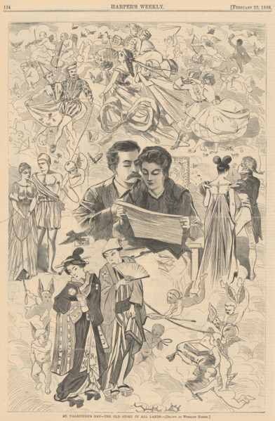 Saint Valentine's Day - The Old Story in All Lands. From "Harper's Weekly", 22 February 1868, 1868. Creator: Homer, Winslow (1836-1910).
