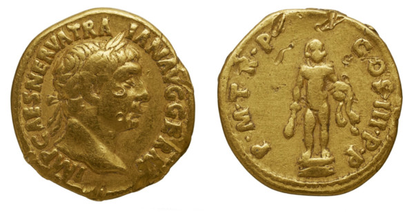Aureus of Trajan. Obverse: Laurel head of Trajan on the right. Reverse: Statue of Hercules naked. Creator: Numismatic, Ancient Coins  .