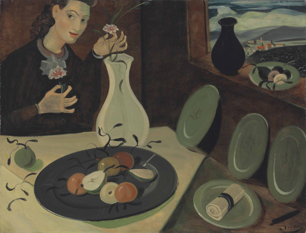 Assiette de fruits et femme disposant des fleurs dans un vase, c1947. Creator: Derain, Andrè (1880-1954).