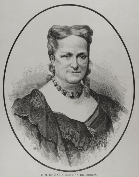 María Cristina de Borbón of the Two Sicilies (1806-1878), Queen consort of Spain, 1878. Creators: Félix Badillo, Arturo Carretero y Sánchez.