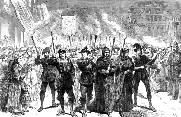 Torch procession at Wittenberg...anniversary of Luther's...theses on the church door in 1517, (1883) Creator: Unknown.