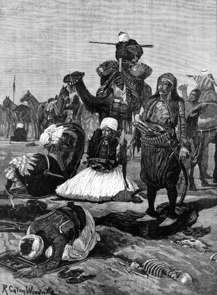 Bashi-Bazouks on the march: a halt for prayer, 1883. Creator: Unknown.