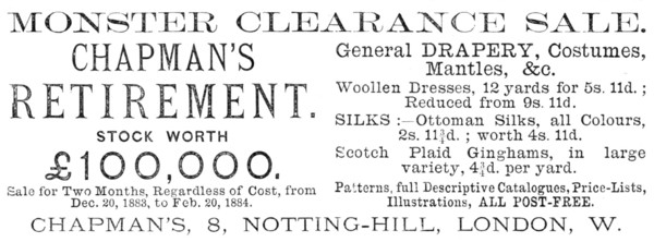 Chapman's Monster Clearance Sale, 1883. Creator: Unknown.