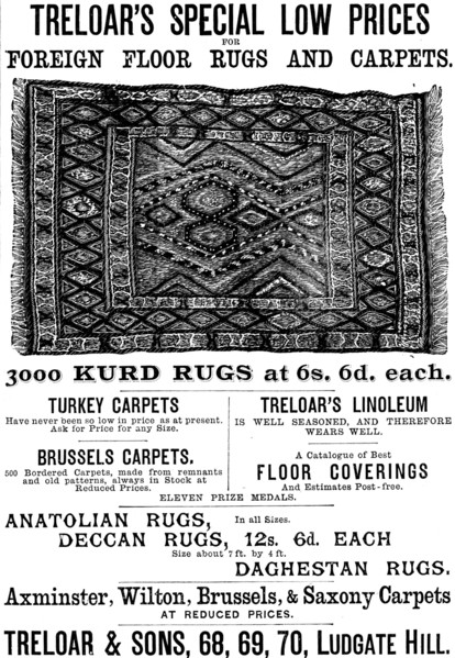 Advertisement for Treloar’s Foreign Floor Rugs and Carpets, 1890. Creator: Unknown.