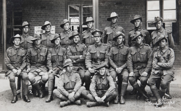 Postcard of unidentified group of soldiers, signed on the front by Fred Wright, Andover. Creator: Murphy.