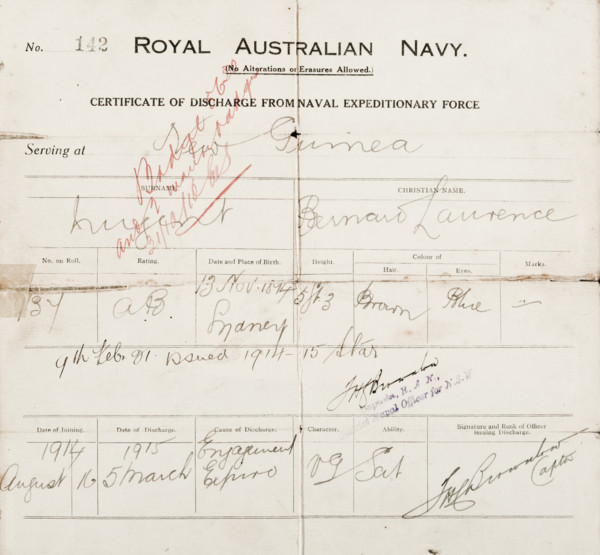 Certificate of discharge for Bernard Laurence 'Barney' Nugent from the Naval Expeditionary Force. Creator: Murphy.