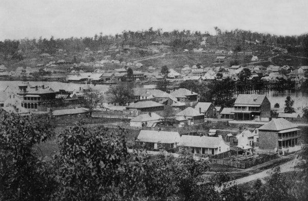 Brisbane from Observatory, showing first wooden bridge across Brisbane River c1866. Creator: Unknown.