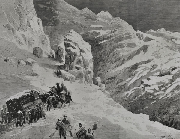 Driving the mail wagon pulled by horses during a snowstorm, Puerto de Pajares, Spain, 1878.  Creator: Bernardo Rico.
