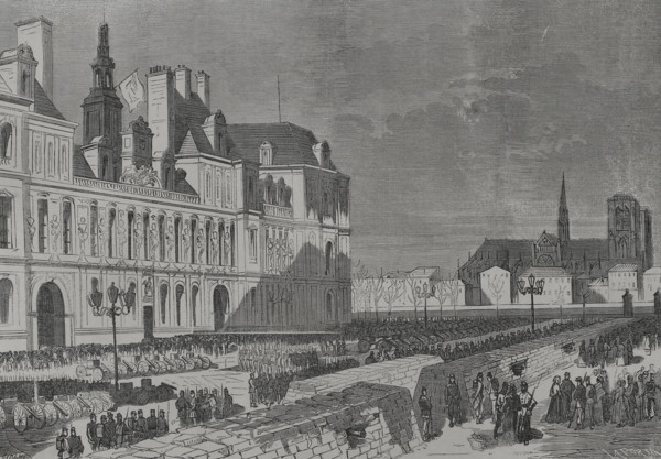 Barricades and artillery park of the Communards, Place de l'Hôtel de Ville, Paris Commune, 1871. Creator: Enrique Laporta Valor.