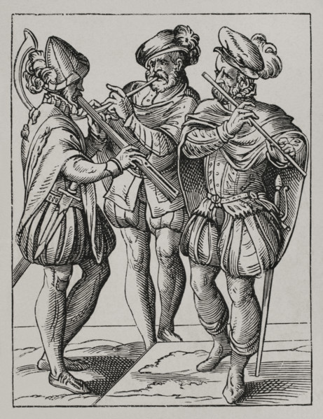 German musicians playing on the flute and goat's horn, 16th century (1877). Creator: Jost Ammon.
