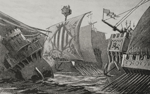 Naval combat between Catalans and Genoese, Middle Ages, 1890.  Creator: Joan Serra y Pausas.