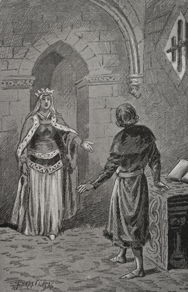The Queen consort of Aragon Juana Enríquez (1425-1468) visits Charles, Prince of Viana..., 1890.  Creator: Joan Serra y Pausas.