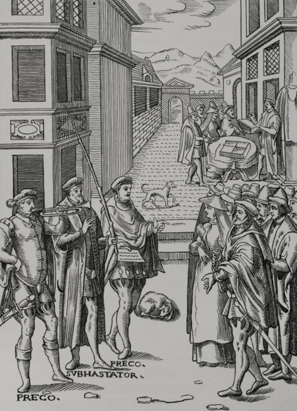 The town crier blowing his trumpet and the auctioneer, the public official in..., 1557, (1878).  Creator: Unknown.