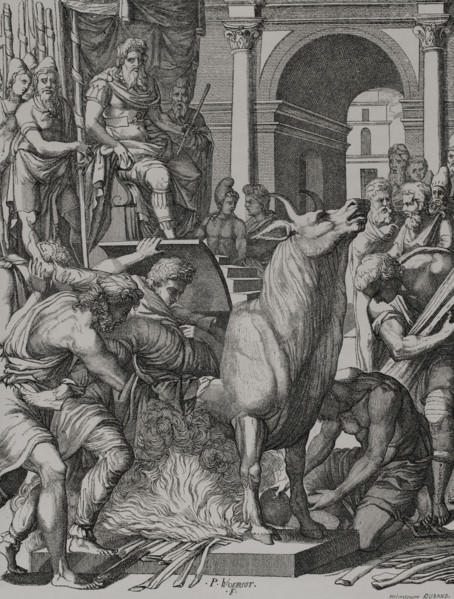 Brazen bull or bull of Falaris, 6th century BC, (16th century). Creator: Pierre Woeiriot.