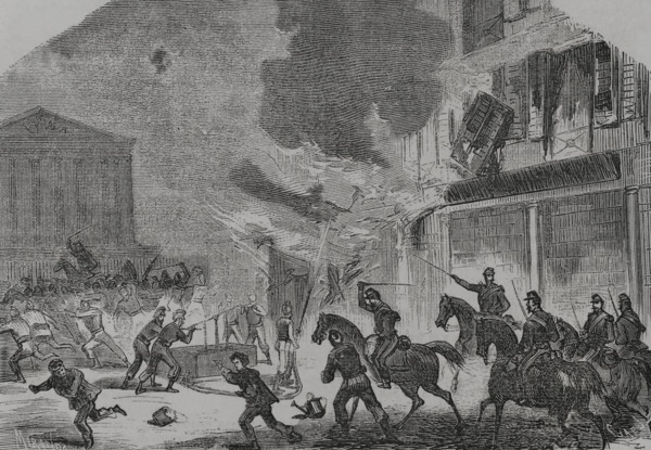 Paris Commune: Arsonist firefighters surprised by Versailles troops, 1871.  Creators: Tomás Carlos Capuz, Miranda.