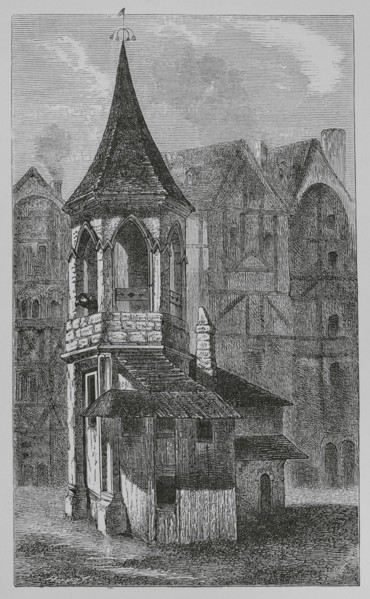 Pillory at Les Halles, Paris, France, 1670, (1878).  Creators: Jules Jean Marie Joseph Huyot, Anon.
