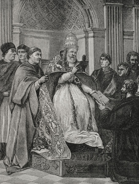 Pope Gregory IX, (1170-1241) receiving the Decretals compiled by Saint Raymond of Peñafort, 1877.  Creator: Jules Jean Marie Joseph Huyot.