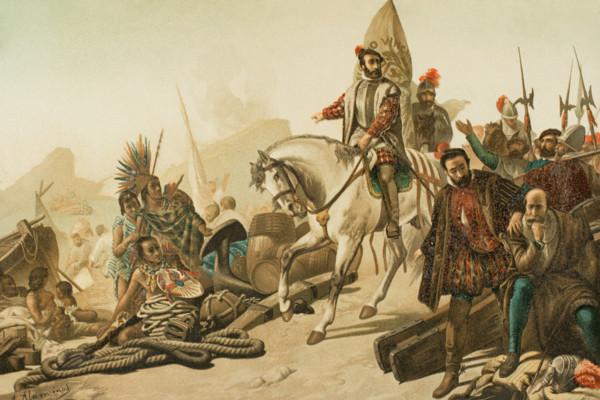 Destruction of the fleet - burning of their ships, Aztec Empire, 1890.  Creator: Juan Alaminos.