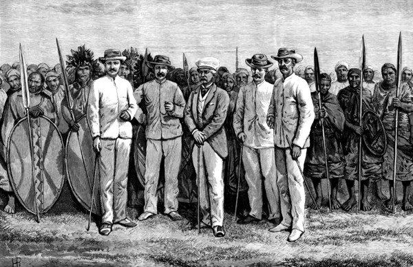 Mr. Stanley and his comrades: Masai warriors behind, 1890. Creator: Unknown.