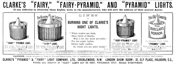 Advertisement for Clarke’s "Pyramid" & "Fairy" Light Company, 1890. Creator: Unknown.